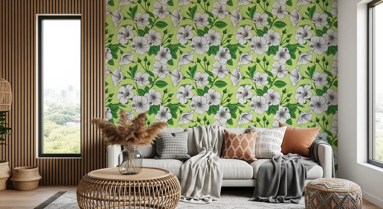 Motif floral botanique hibiscus vintage - Papier peint imprimé jardin d'été tropical hawaïen Aloha