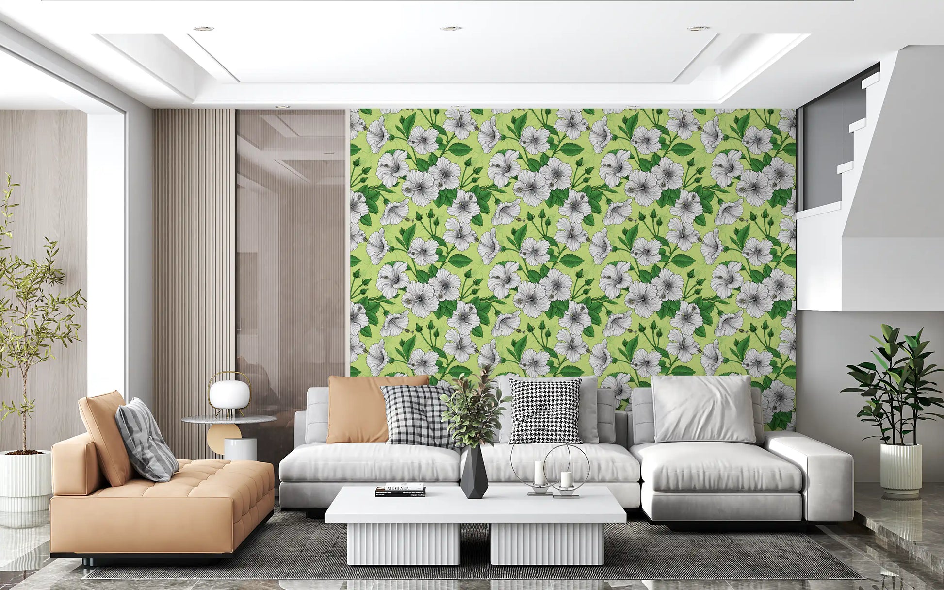 Whole living room takes on vintage hibiscus and white florals via this Aloha wallpaper