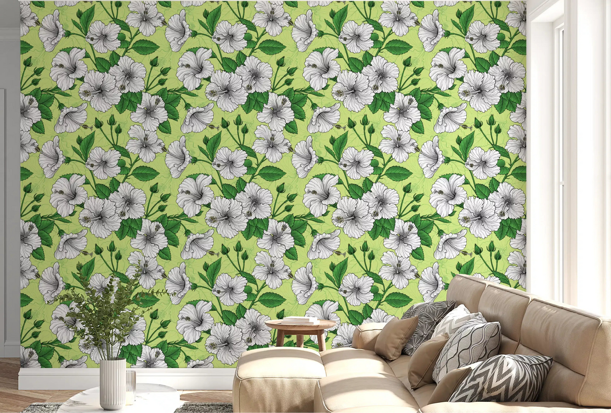 Fine sketch lines and white heads the Living room in this Aloha wallpaper