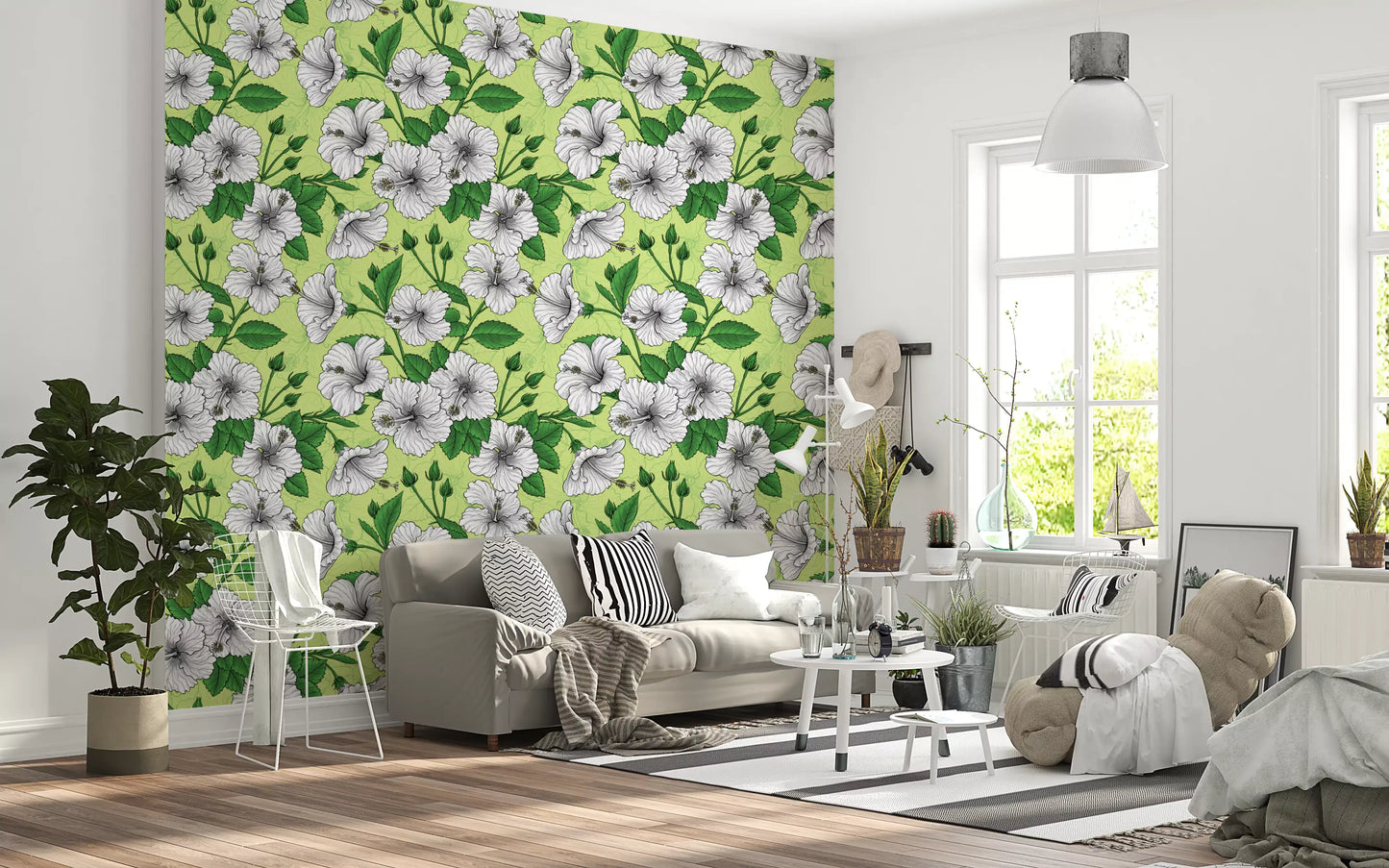 buds and leaf shapes trail between hibiscus blooms on this tropical wallpaper