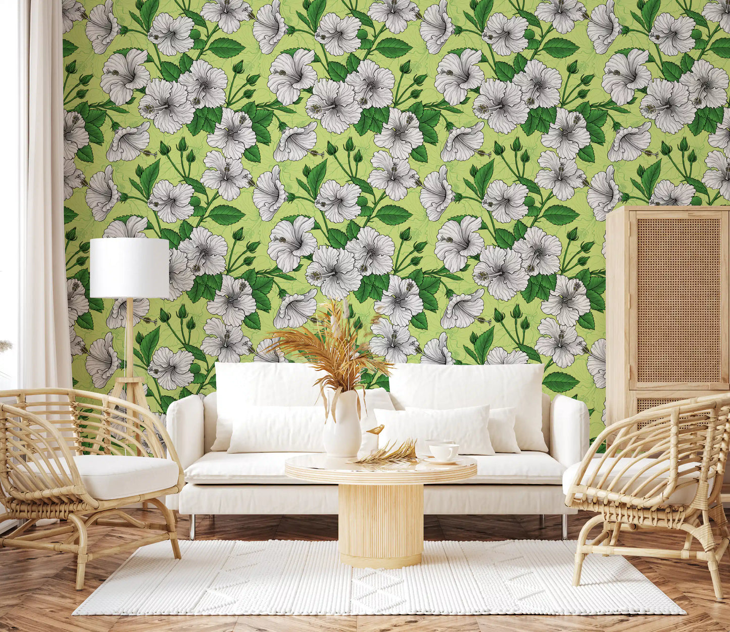 Base meets hibiscus heads in the Living room on this Aloha wallpaper