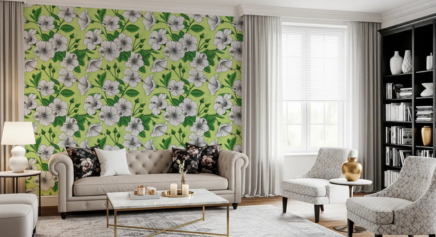 Full pattern hibiscus heads, curled buds, and greens across the wallpaper