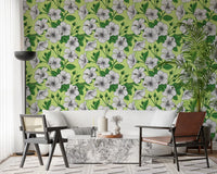 Green and white tones balance the Vintage Botanical Floral Pattern wallpaper