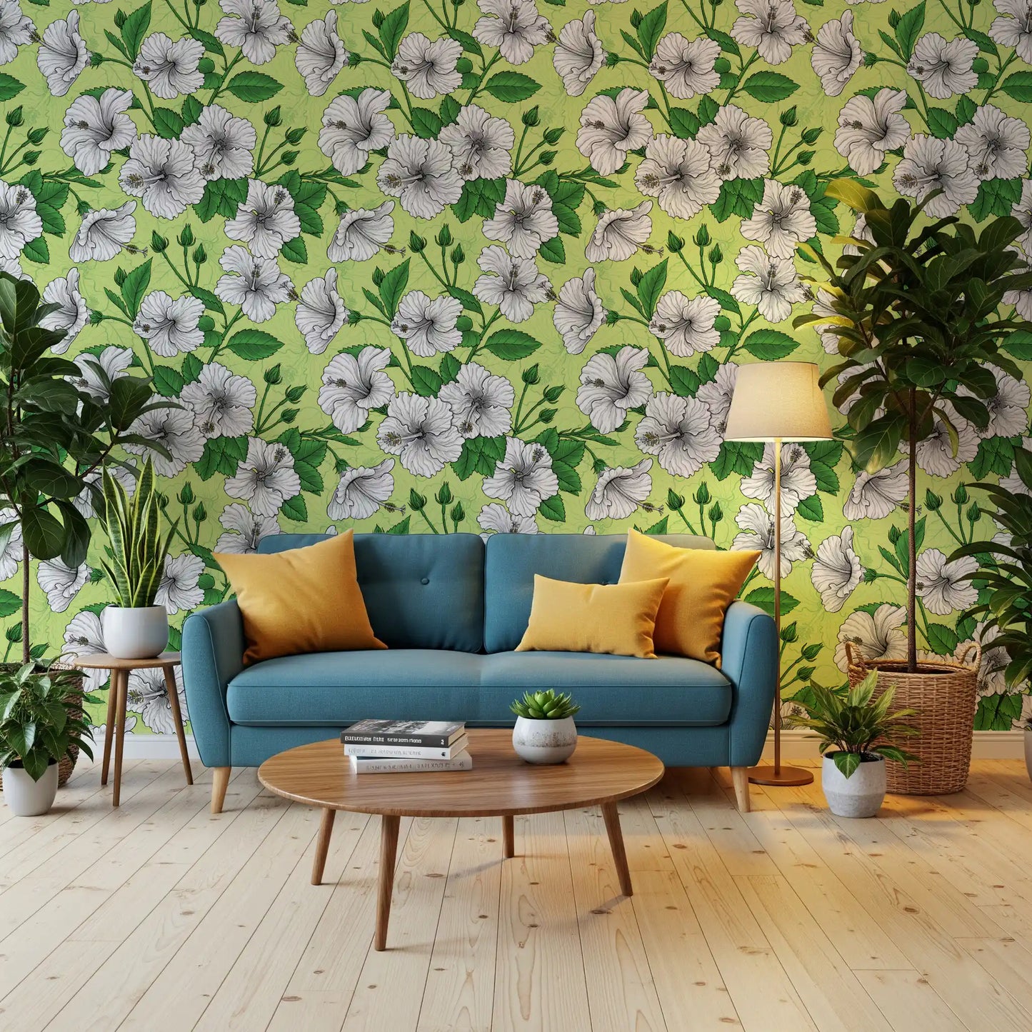 Aloha summer mood reads through pen-style hibiscus blooms in this garden wallpaper.
