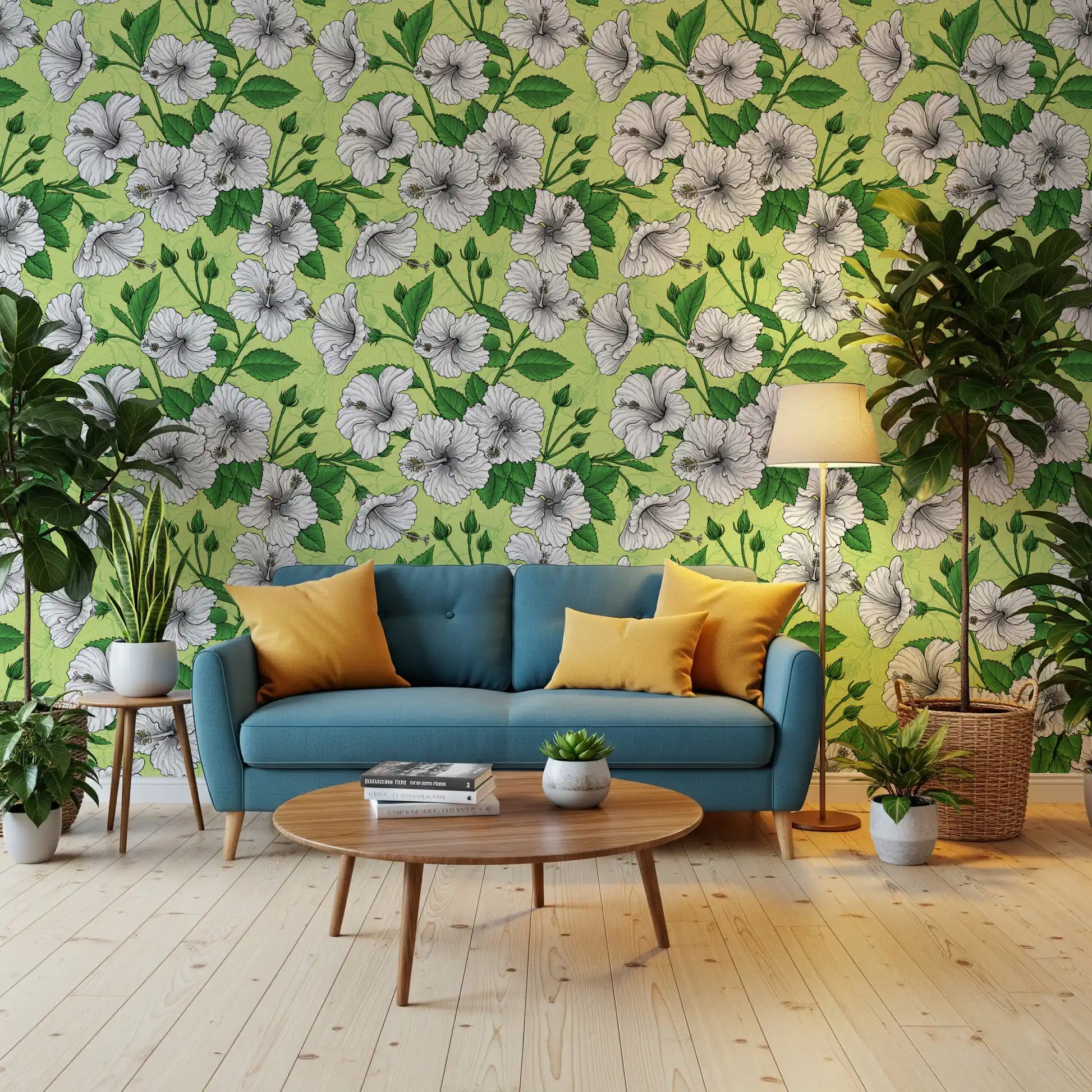 Aloha summer mood reads through pen-style hibiscus blooms in this garden wallpaper.
