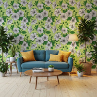 Aloha summer mood reads through pen-style hibiscus blooms in this garden wallpaper.