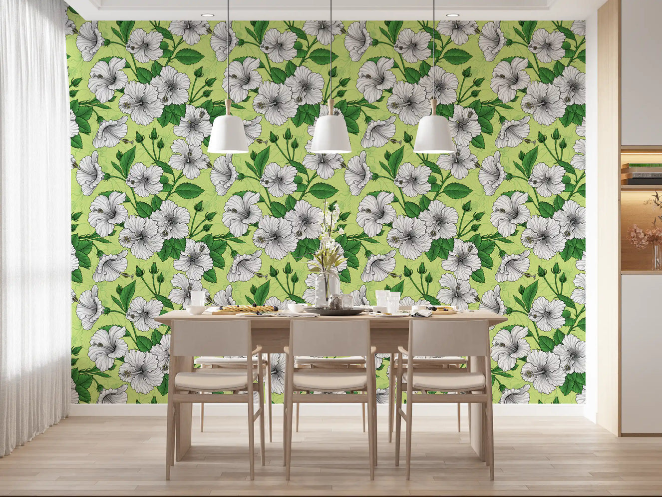 Papier peint motif floral botanique hibiscus vintage tropical hawaïen Aloha jardin d'été
