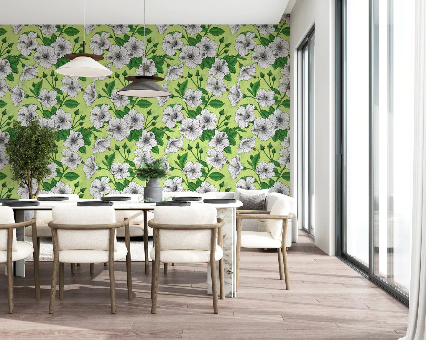 Garden mood lifts a dining room corner through this aloha summer wallpaper.