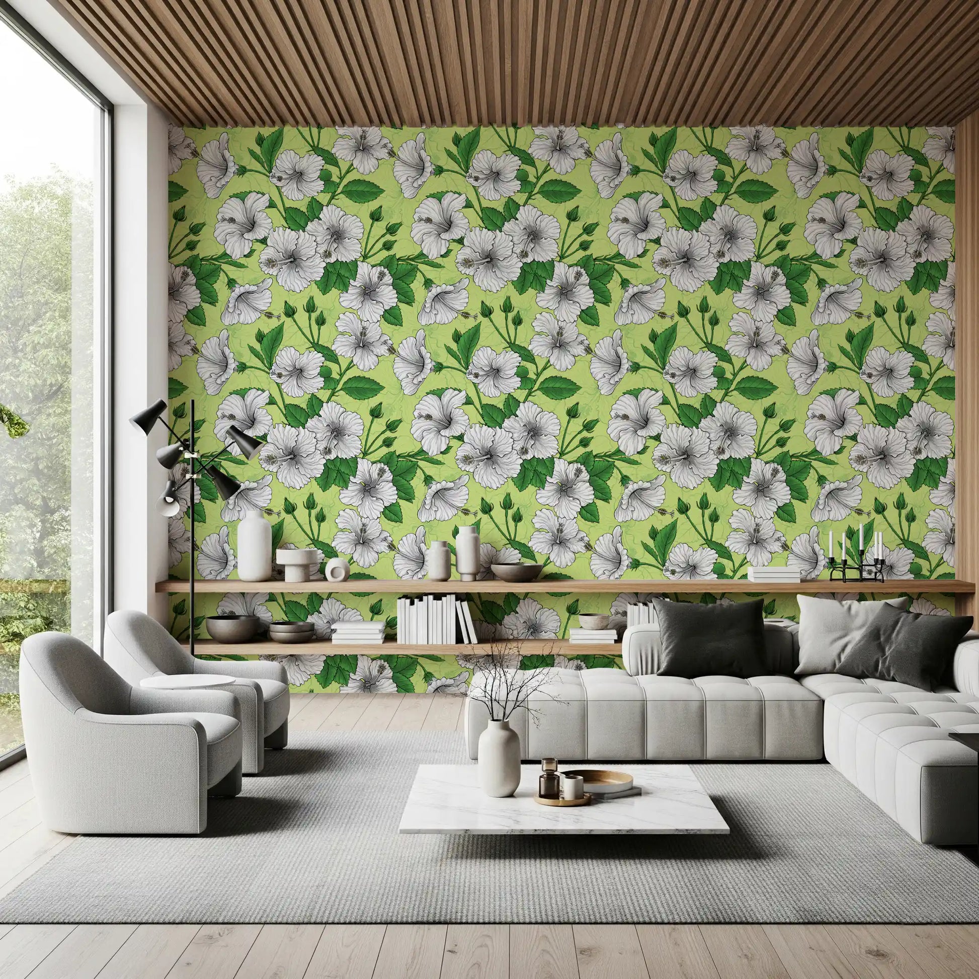 Vintage Hibiscus wallpaper shows pale flowers over a lime backdrop with deep leaves.