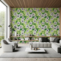 Vintage Hibiscus wallpaper shows pale flowers over a lime backdrop with deep leaves.