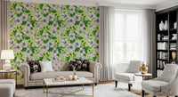 a Living room layout, leafy greenery shapes the floral hibiscus wallpaper.