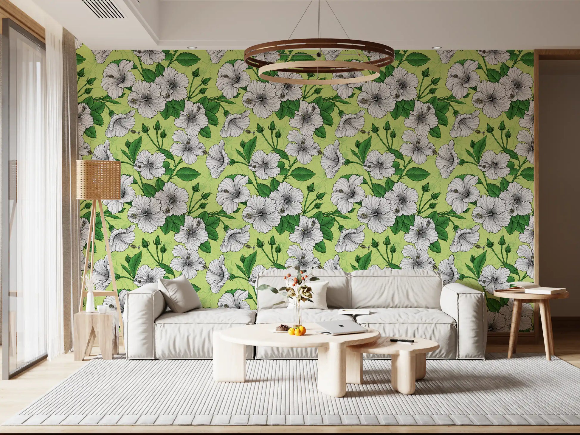 Pen-inked petal detail covers this floral tropical Hawaiian wallpaper.