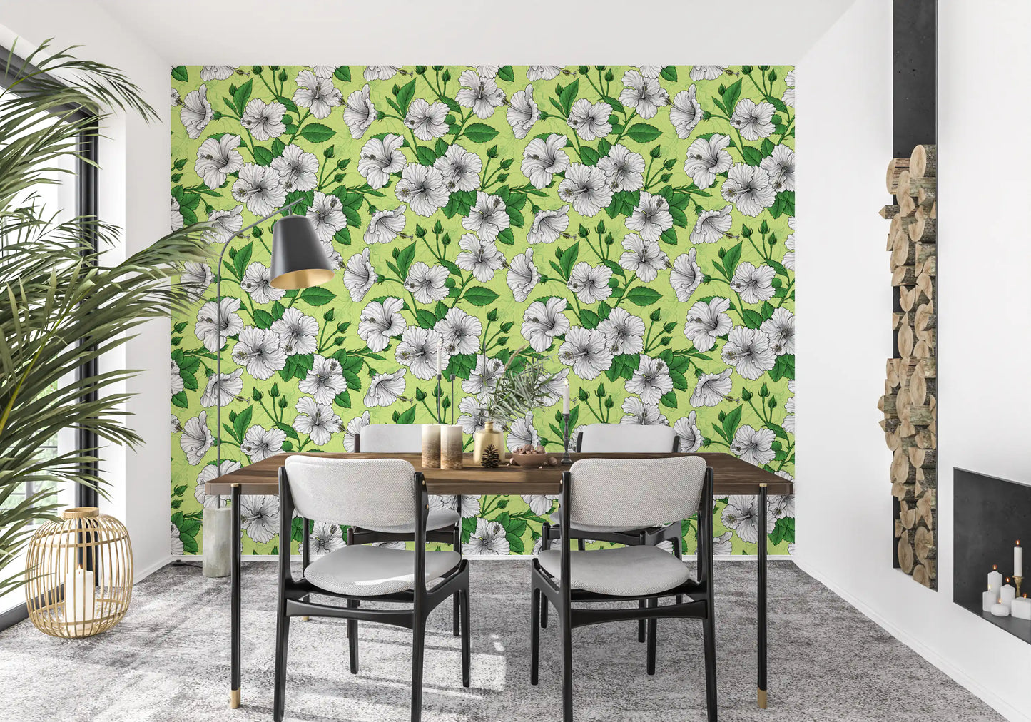 Tight pattern repeat of pale hibiscus heads and curling leaves on this aloha wallpaper.