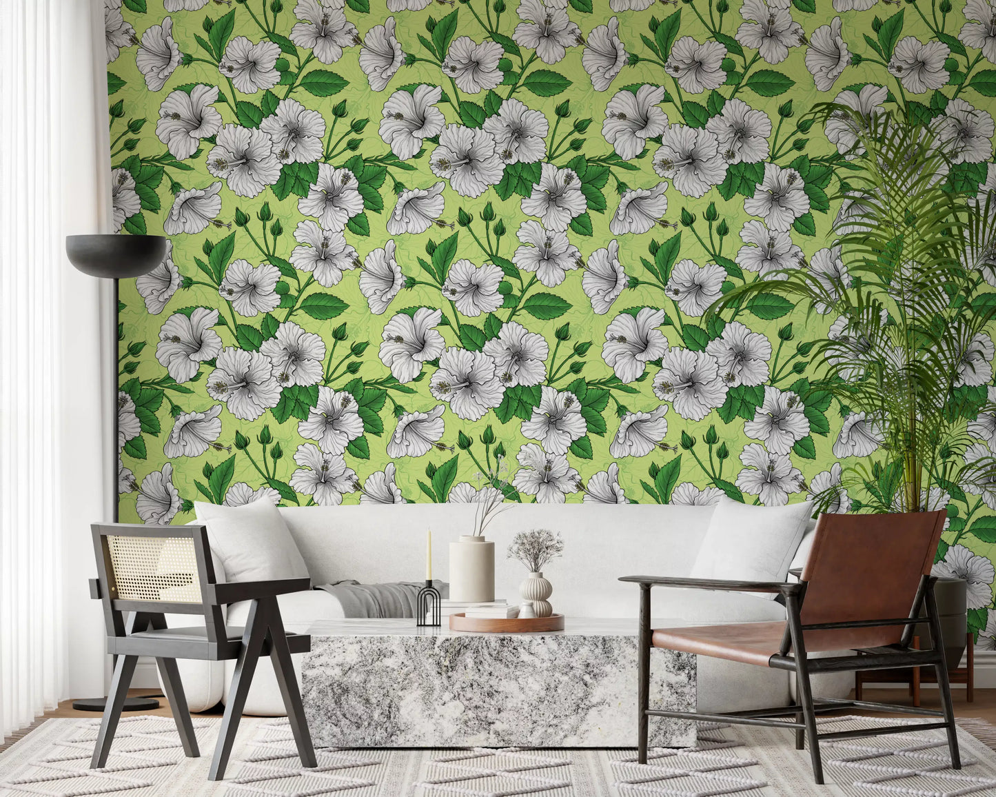 Botanical petals sit across a living room view in this vintage Hawaiian wallpaper.