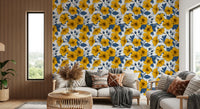 Yellow petals curve over white space in a clean vintage hibiscus wallpaper 
