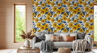 Indigo leaves cut between the blooms on this Vintage Botanical wallpaper