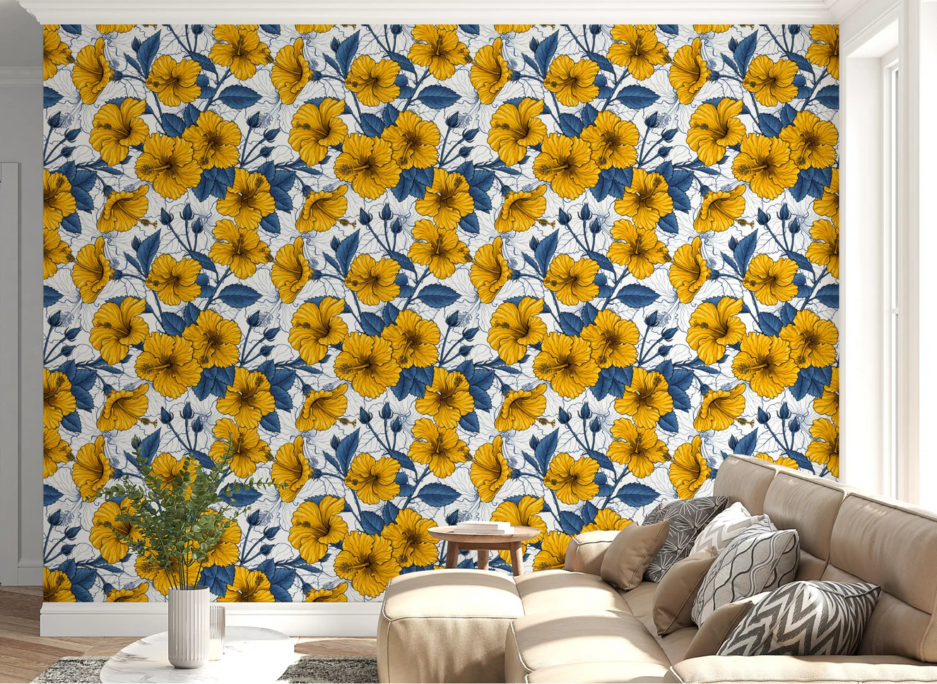 Yellow hibiscus blooms wrap the living room with this vintage botanical wallpaper