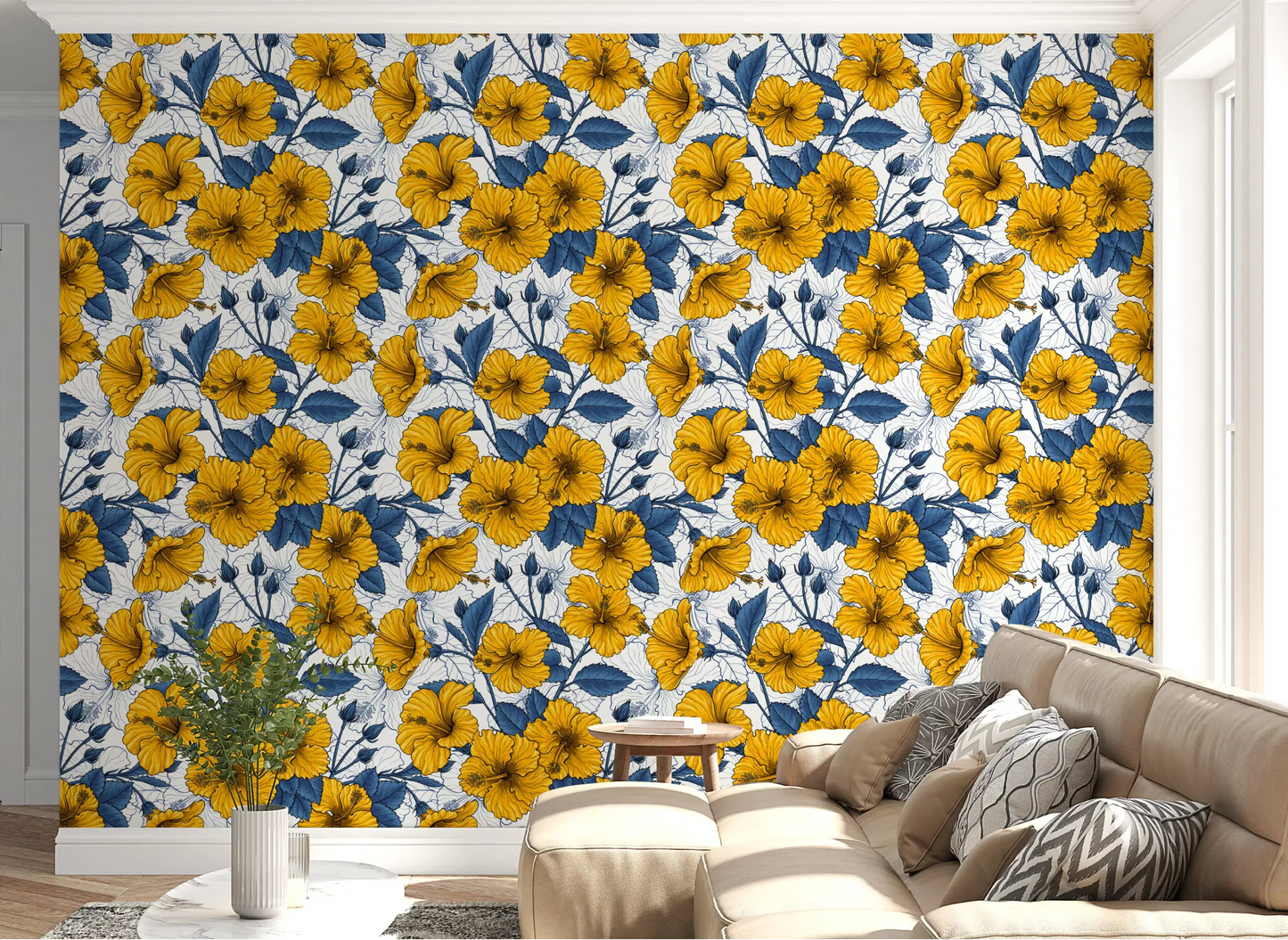 Yellow hibiscus blooms wrap the living room with this vintage botanical wallpaper