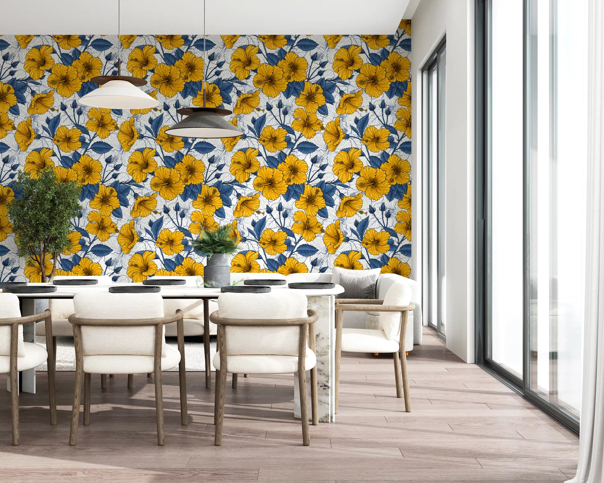 A vintage botanical pattern lifts the Dining room on this hibiscus wallpaper