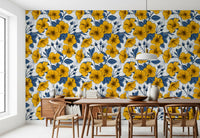 Navy  cools the Dining room paired with yellow hibiscus on this wallpaper