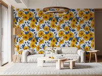 A tropical feel lifts the golden hibiscus wallpaper pattern