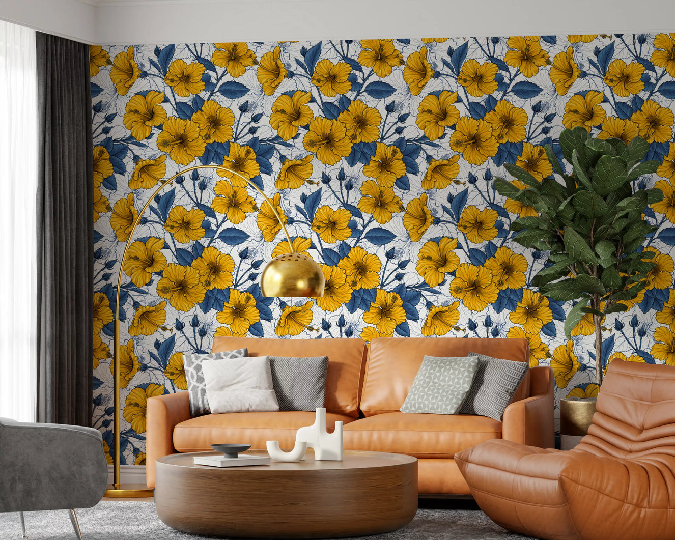 Papier peint motif floral botanique hibiscus vintage. Imprimé jardin d'été tropical hawaïen Aloha