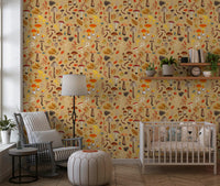 Wild Mushrooms on Ochre wallpaper warms a Nursery  with autumn tones