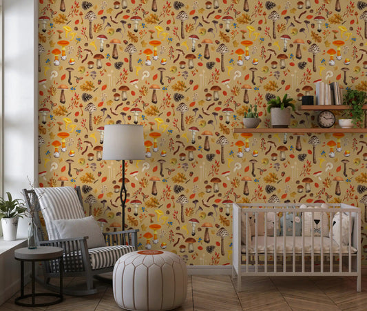 Wild Mushrooms on Ochre wallpaper warms a Nursery  with autumn tones