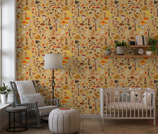 Wild Mushrooms on Ochre wallpaper warms a Nursery  with autumn tones