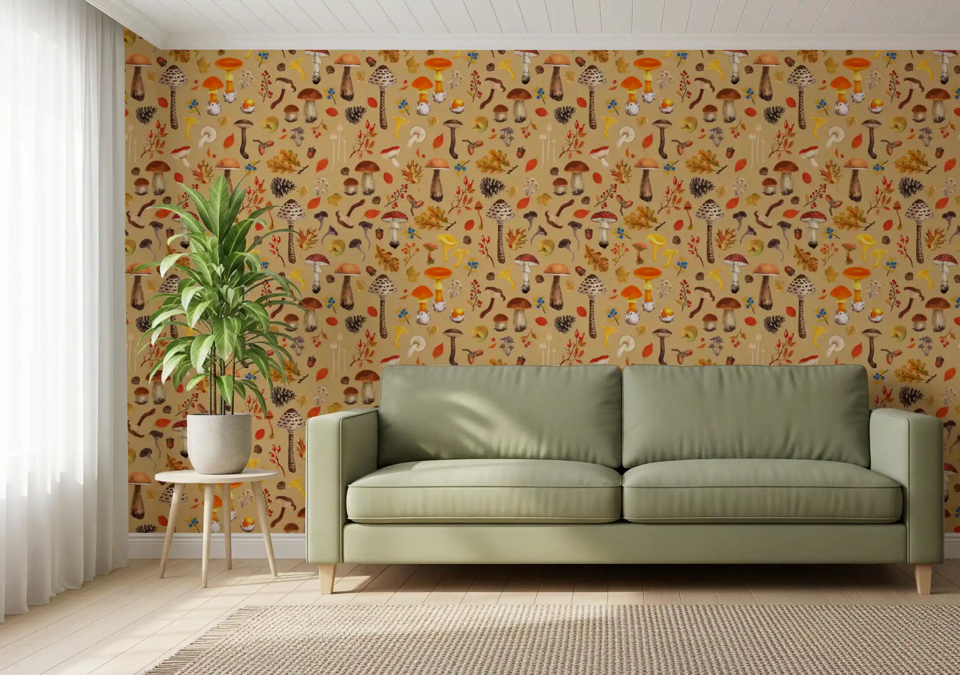 Full mushroom pattern wallpaper set against a calm  Living room backdrop
