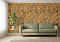 Full mushroom pattern wallpaper set against a calm  Living room backdrop
