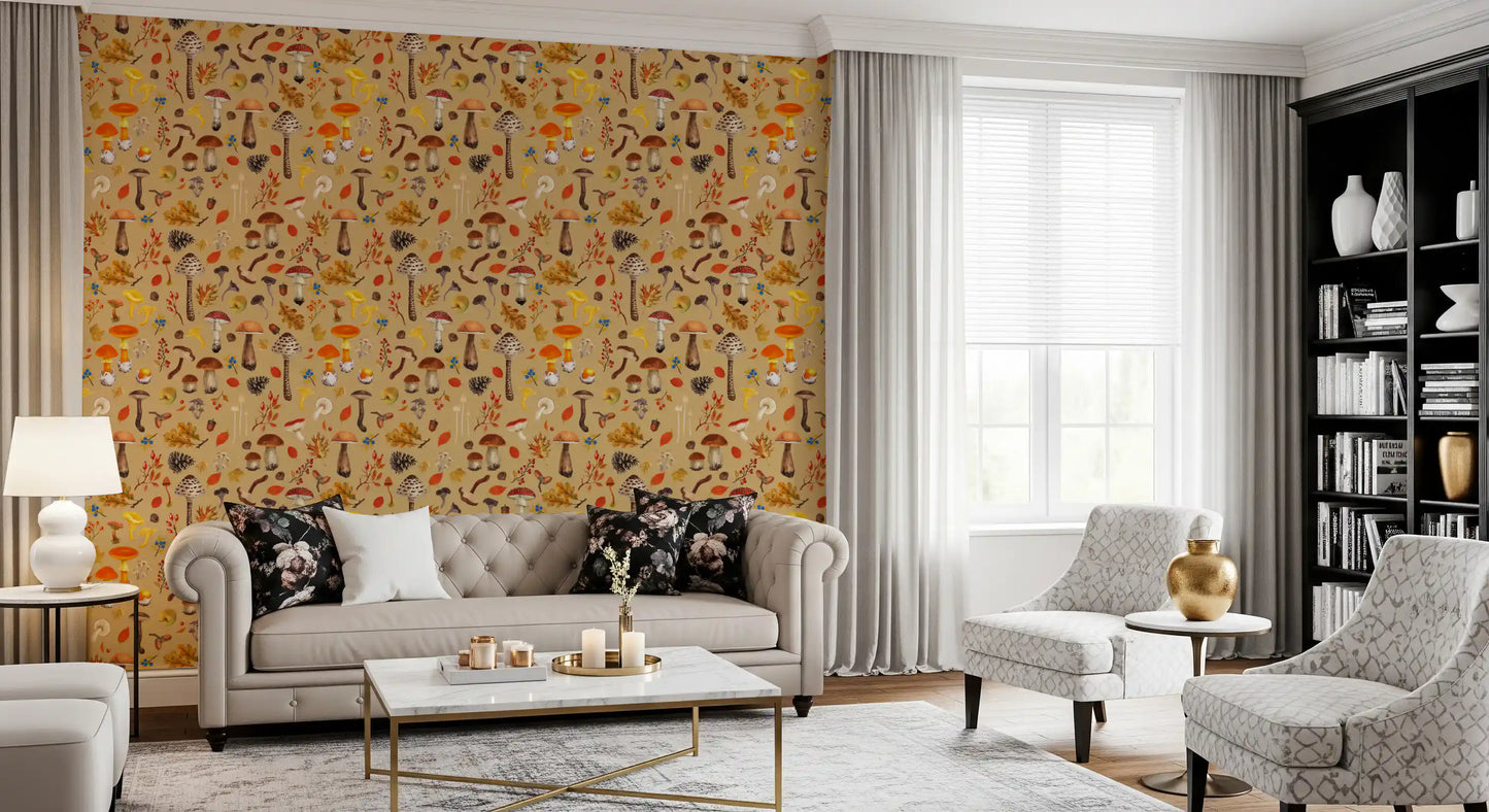 Chanterelle and boletus mushrooms scattered over ochre on this wallpaper