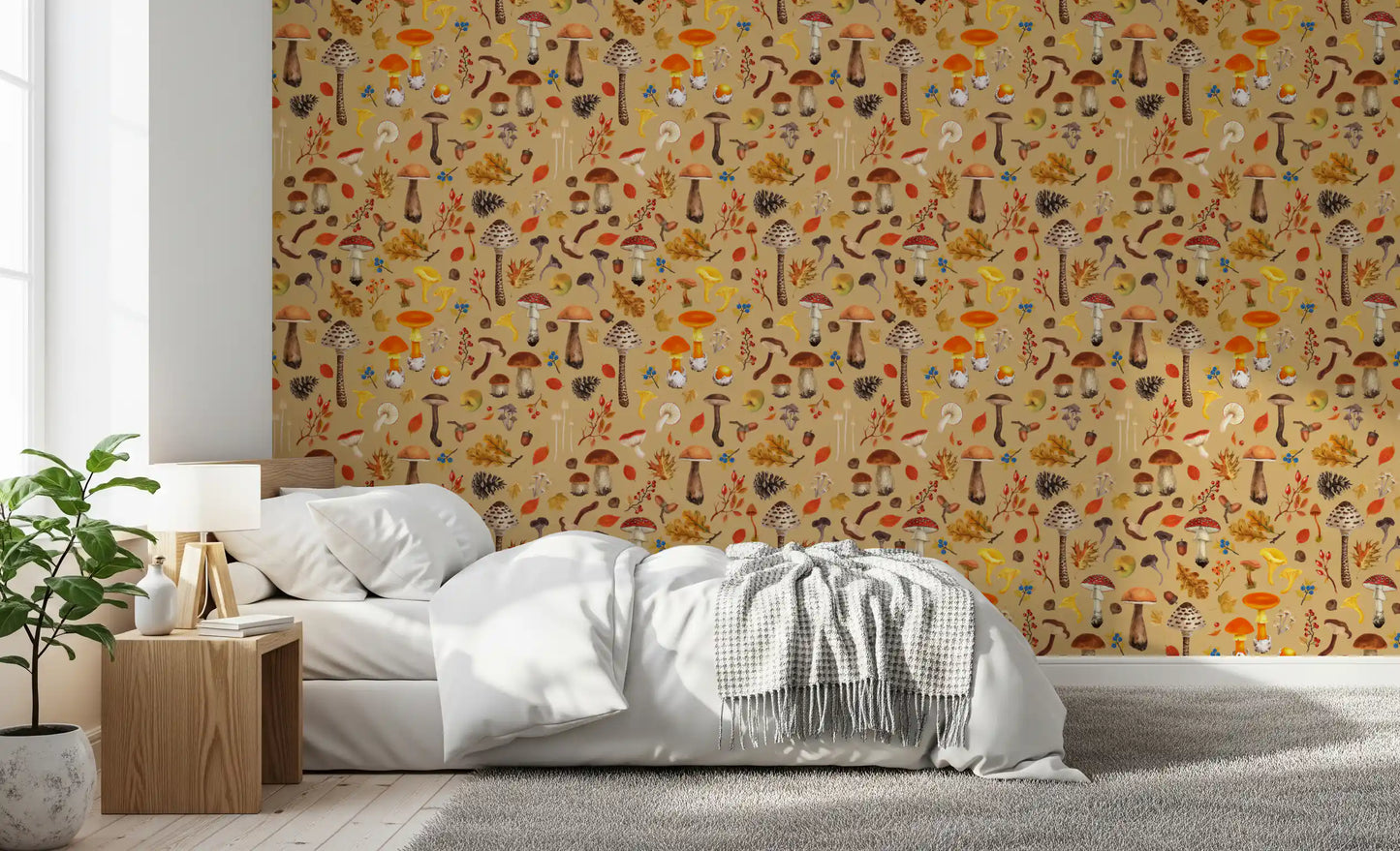 Ochre fungi and foliage wallpaper lining a Bedroom feature area