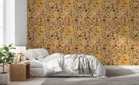 Ochre fungi and foliage wallpaper lining a Bedroom feature area