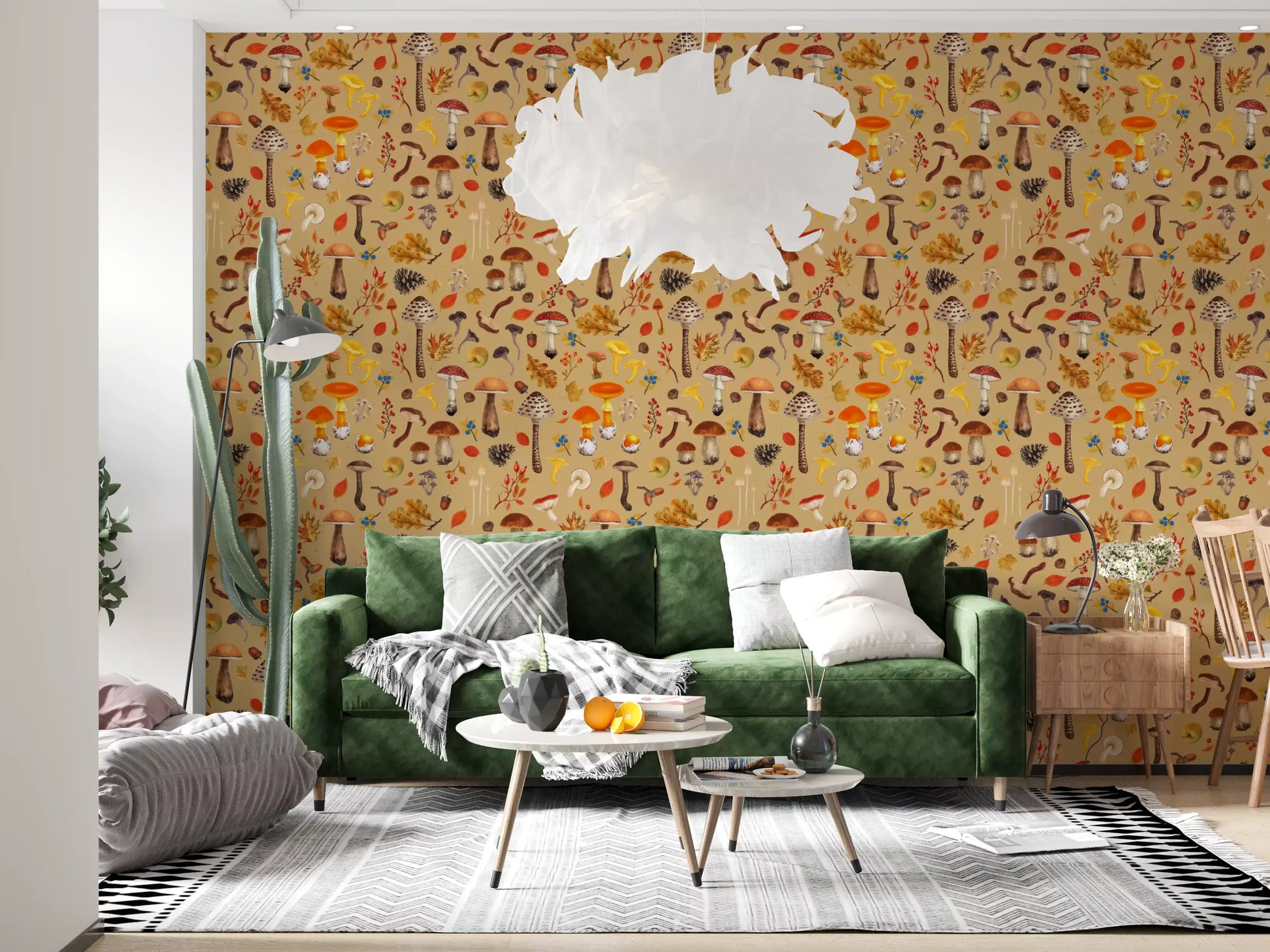 Warm ochre base wallpaper with rosehips, blueberries, and pine cones