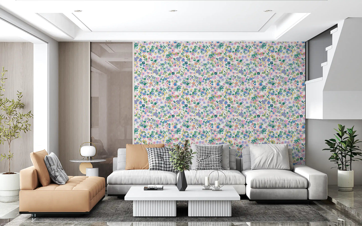 Tiny five-point petals appear across Dreamy Meadow wallpaper in pastel tones