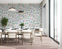 A Dining feature reads pastel via Meadow Blooms wallpaper