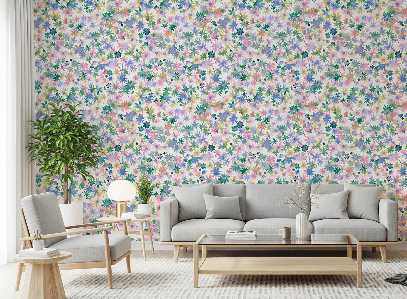 Watercolour daisies fill the Dreamy Blooms wallpaper in a living room setting