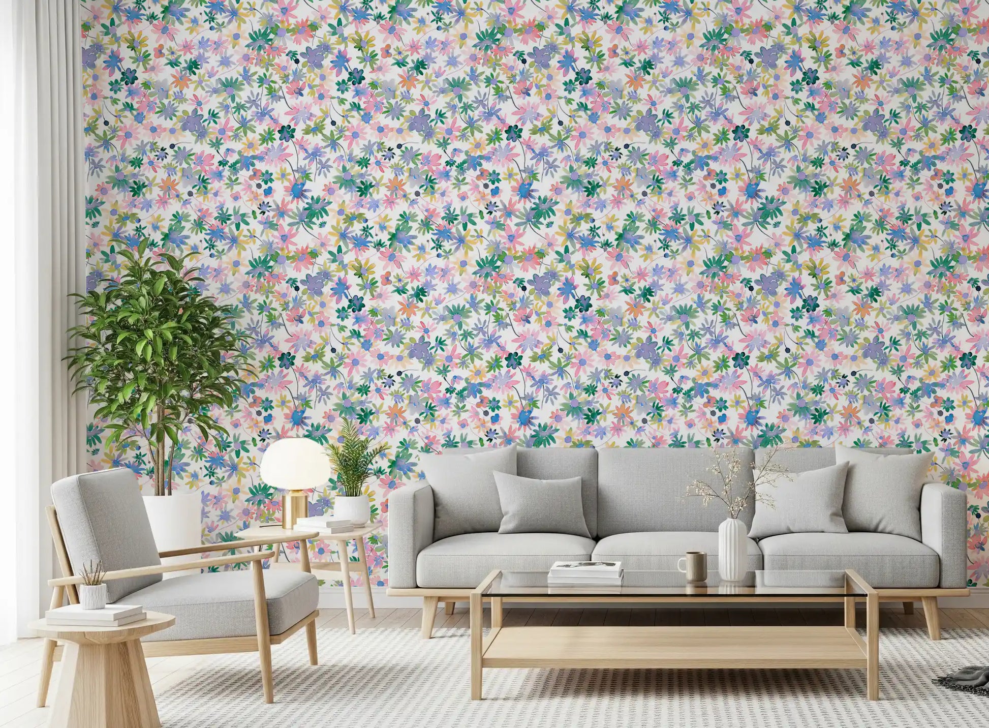 Watercolour daisies fill the Dreamy Blooms wallpaper in a living room setting
