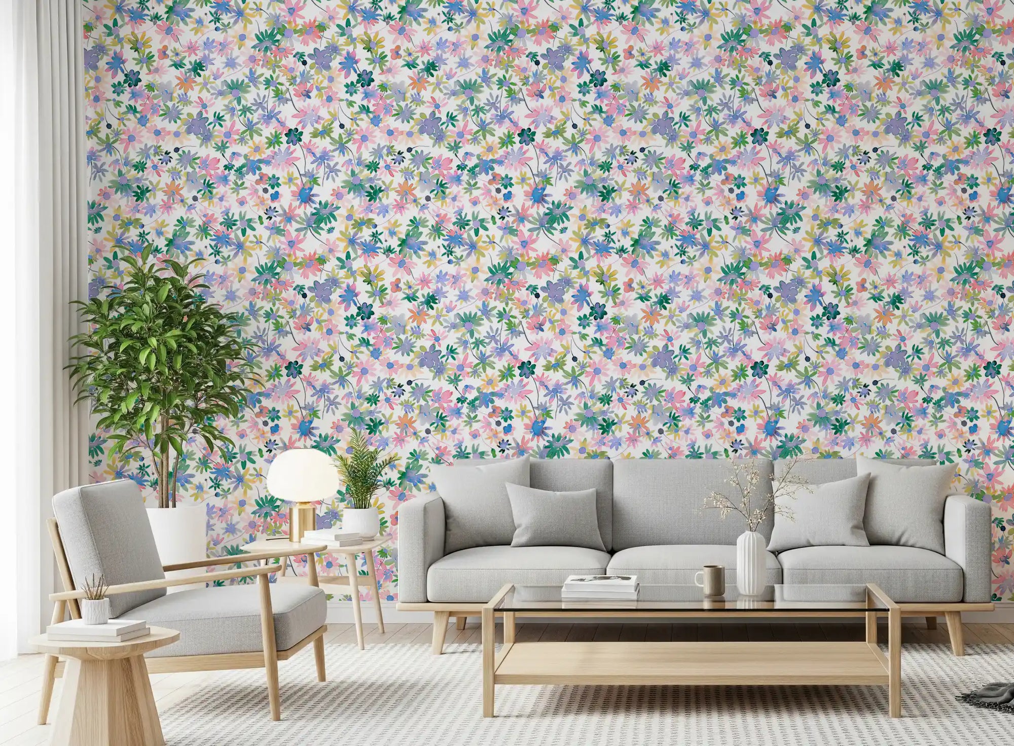 Watercolour daisies fill the Dreamy Blooms wallpaper in a living room setting
