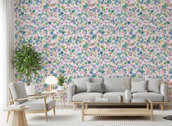 Watercolour daisies fill the Dreamy Blooms wallpaper in a living room setting