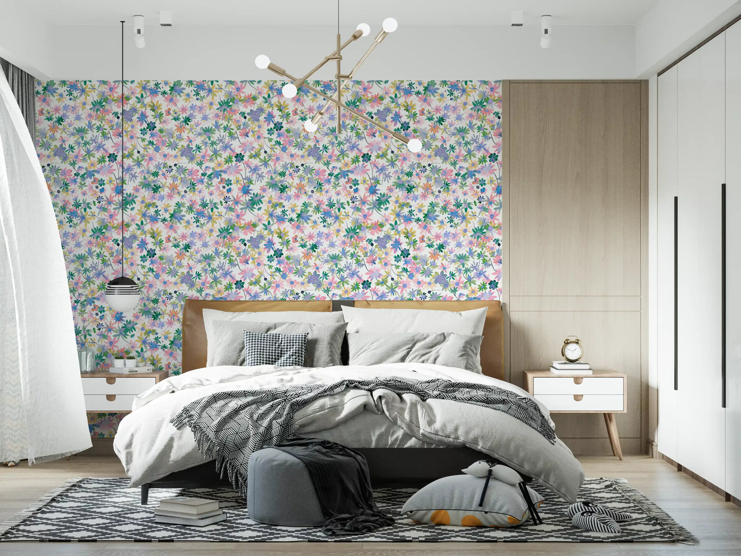In an Bedroom, Dreamy Meadow Blooms wallpaper places painted florals