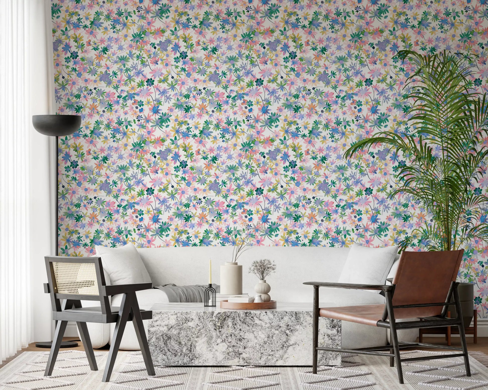 Watery brushstrokes hold ditsy florals across Dreamy Blooms wallpaper