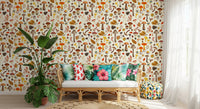 Stepping back, the Living room reads earthy and warm in the wallpaper.