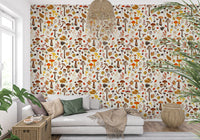 A foraged-woods mood lifts the hallway with wild mushroom wallpaper.