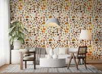A loose, all-over pattern fills the wallpaper with woodland motifs.