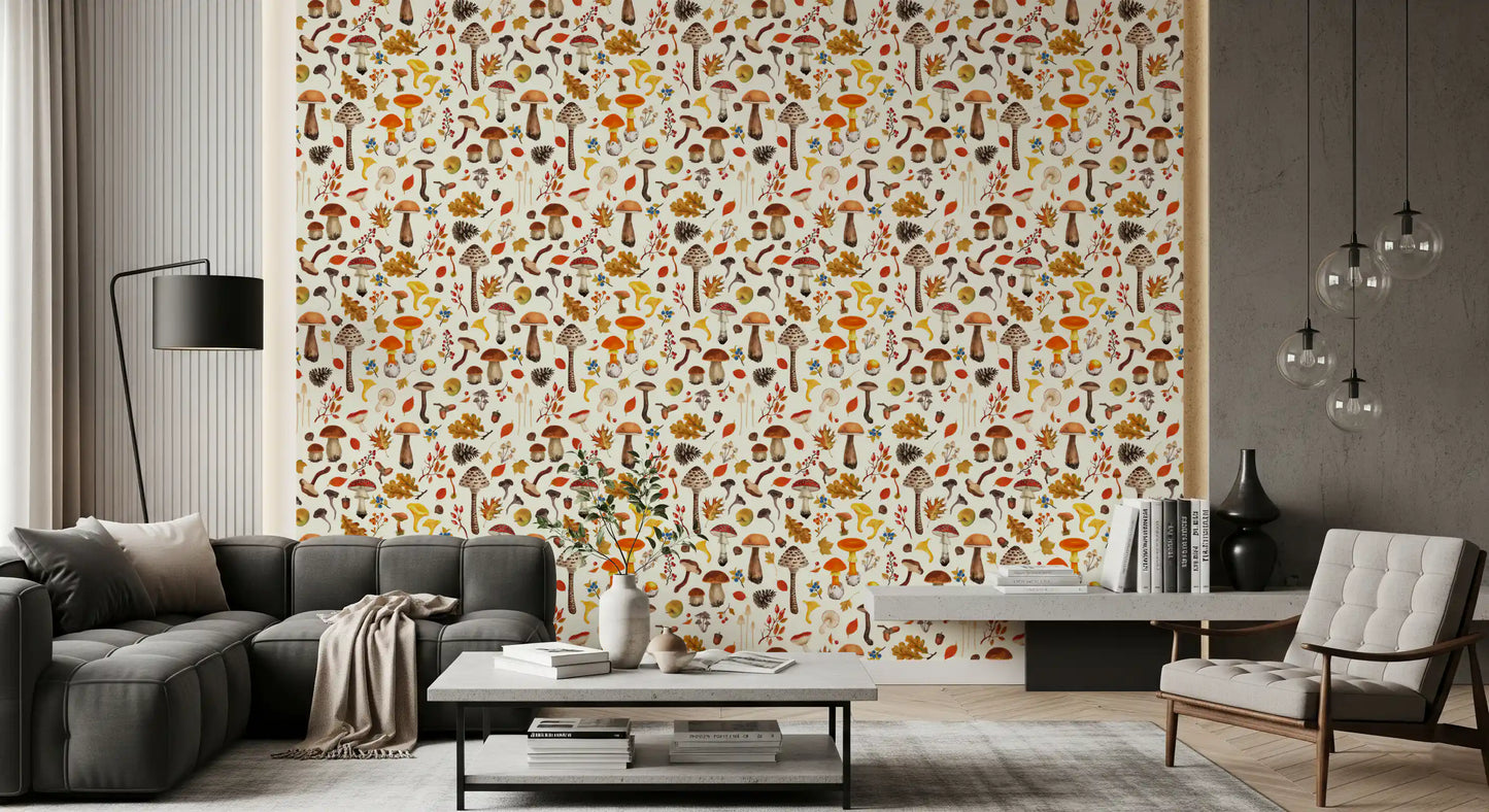 Chanterelles, porcini, and pinecones headline this wallpaper.