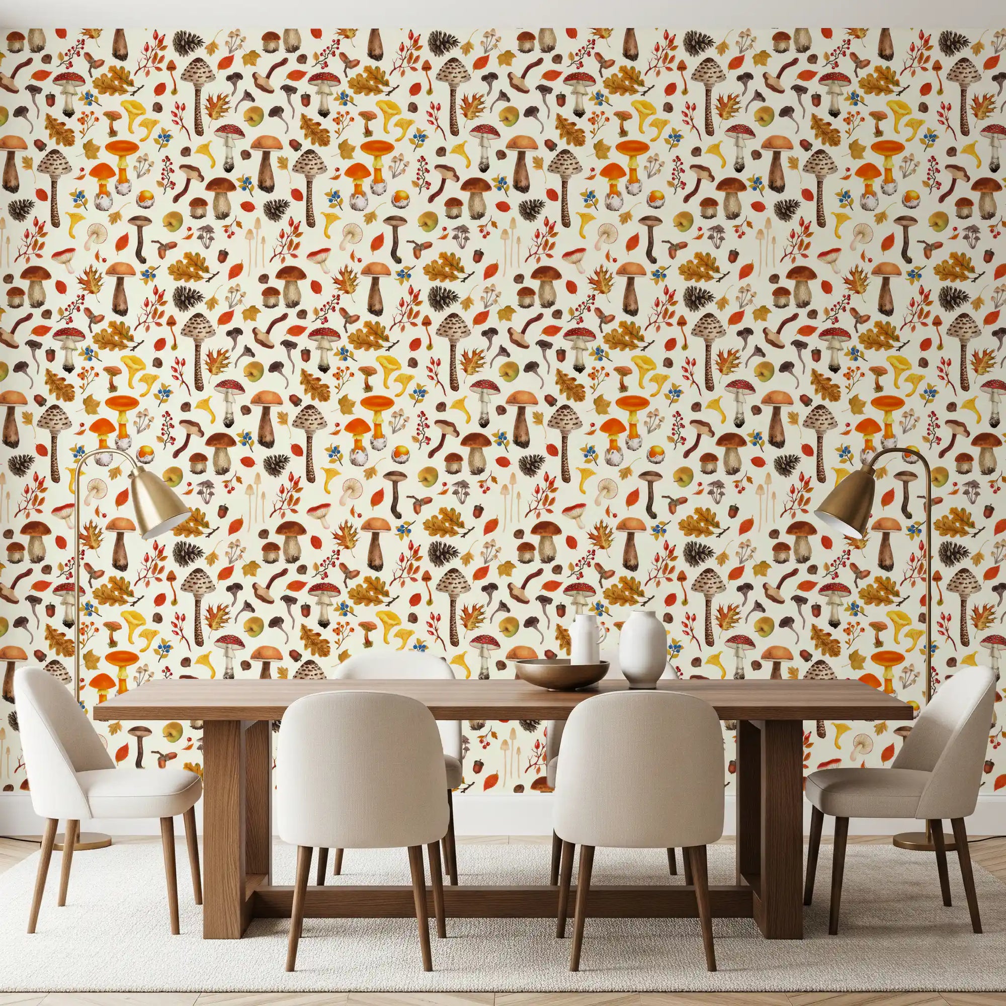 Toadstools and oak leaves drift around mushroom wallpaper in a dining room.