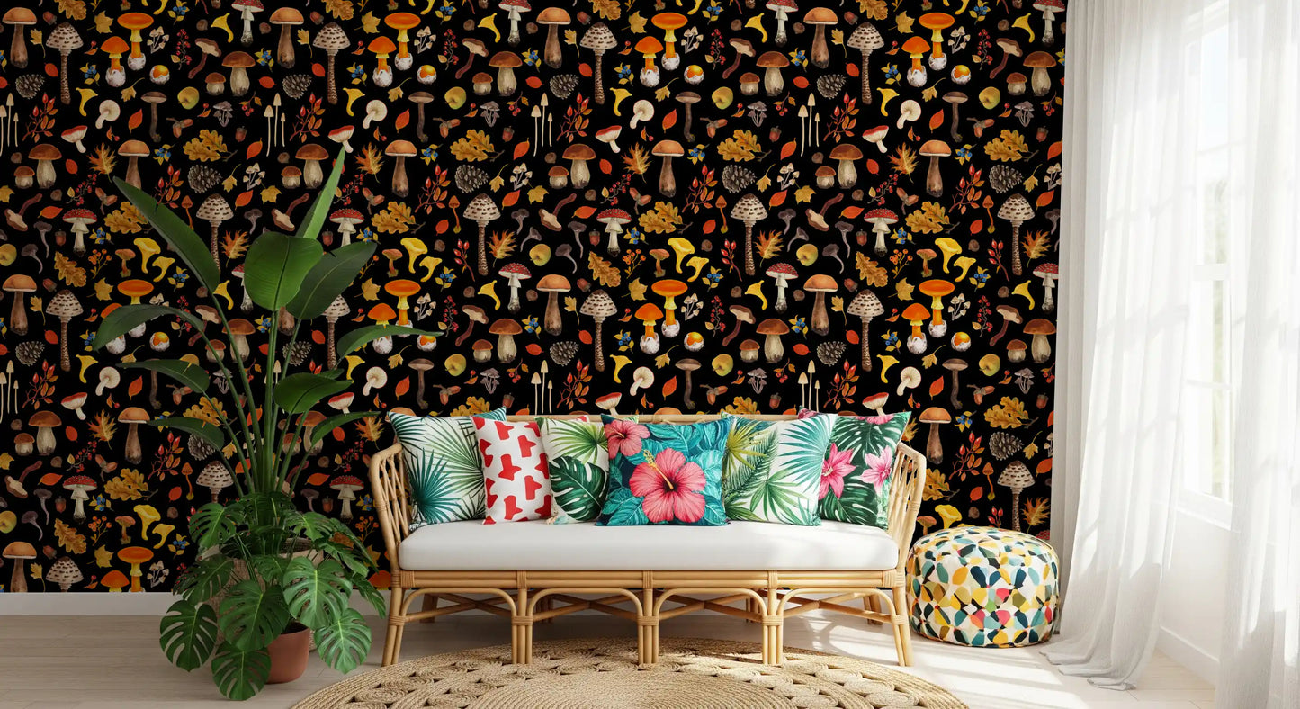 Curling oak foliage frames mushroom stems across the Mushrooms wallpaper.