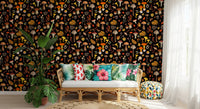 Curling oak foliage frames mushroom stems across the Mushrooms wallpaper.